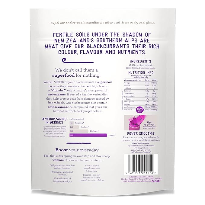ViBERi Organic Blackcurrant Powder 450g (Loose Powder) | New Zealand Grown Superfruit | Naturally high in Vitamin C and Antioxidants | Ideal for Smoothies & Training Plans