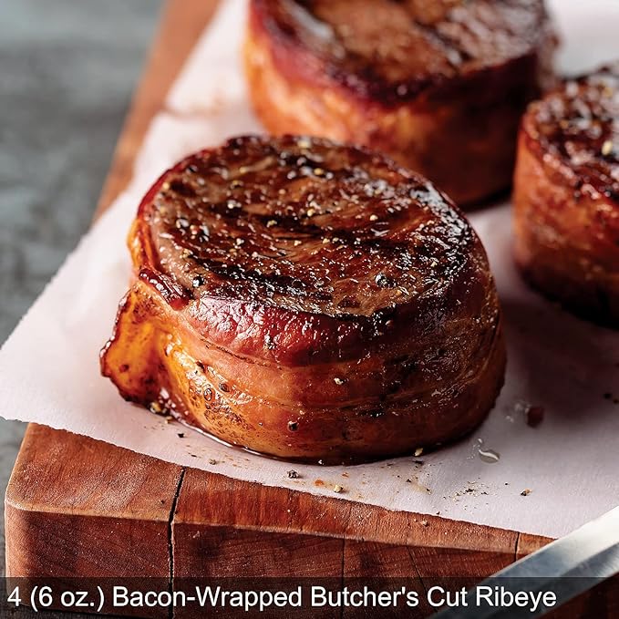 Omaha Steaks Ultimate Ribeye Gift Package (4 Bacon-Wrapped Ribeyes, 4 Air-Chilled Chicken Breasts, 4 PureGround Filet Mignon Burgers, 4 Kielbasa Sausages, 4 Scalloped Potatoes, 4 Caramel Apple Tartlets, 1 jar Omaha Steaks Seasoning)