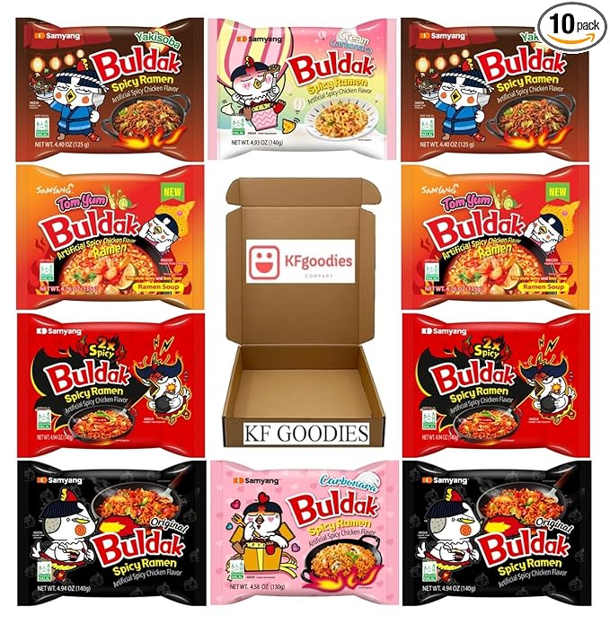 KF GOODIES Korean Ramen Variety Pack Gift Box (10 Count) – Spicy Buldak Noodle Assortment for Birthdays, College Care Packages, Office Snacks, and Gift Baskets