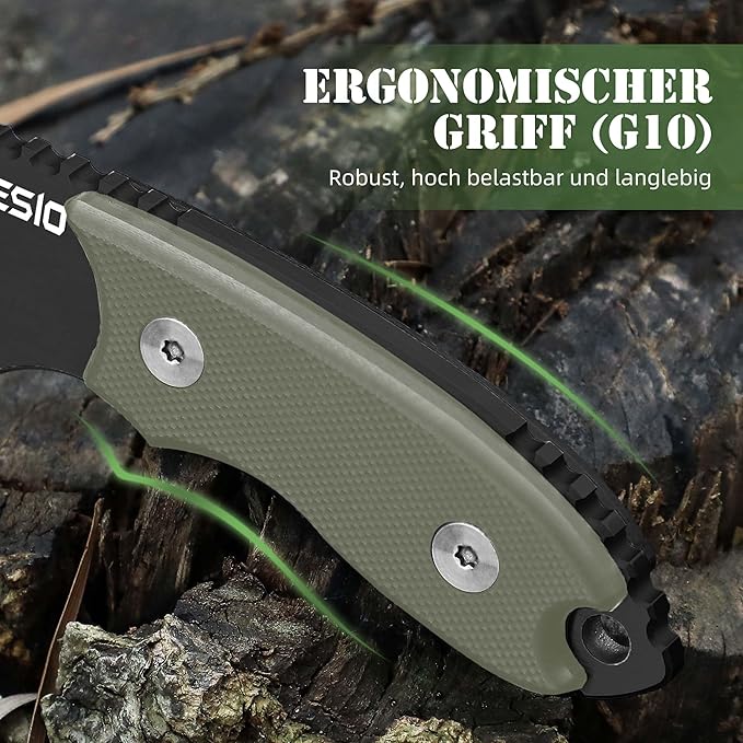 Omesio Neck Knife with Sheath and Necklace, 5.43" Small Fixed Blade Knife, Full Tang with Clip, D2 Steel 2.17-Inch Blade, G10 Handle for Outdoor, Camping, EDC (Black Blade + Green Handle)