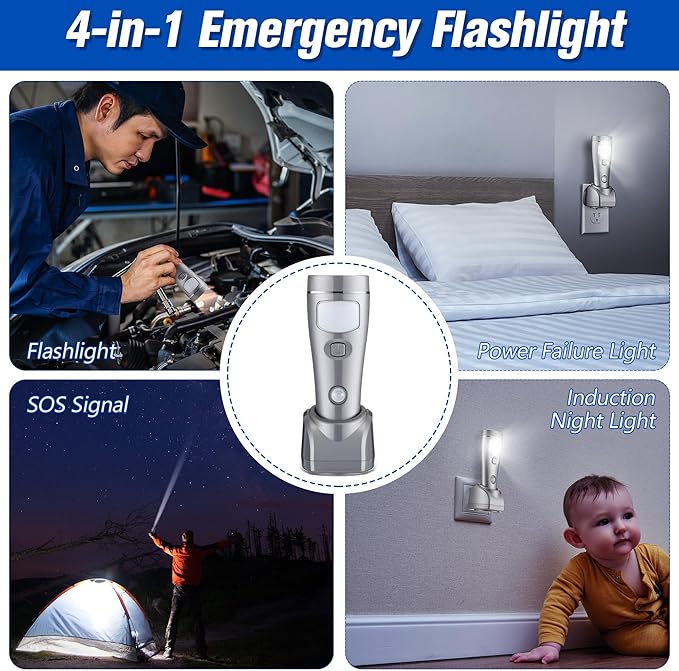 Enhon 3 Pack 4 in 1 LED Emergency Lights for Home Power Failure, Rechargeable Plug in Flashlight Motion Sensor Night Light, Automatic Turn On Power Outage Light for Home Hurricane Supplies