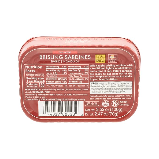 MW Polar Smoked Brisling Sardines in Canola Oil, 3.52 oz Can, Wild Caught (Pack of 1)