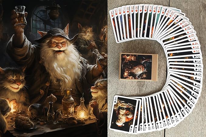 MAD Christmas Party Playing Cards (Poker Deck 54 Cards All Different) Santa and Reptiloid and Cats and Hamster Drink Wine of Christmas Vintage Illustration