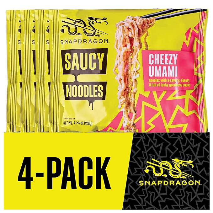 Snapdragon Saucy Instant Noodles with Cheezy Umami, Savory Slurpable Sauce - Quick Meal, Snack, and Lunch. 4-Pack Microwave Noodles for Cup, Bowl, Cheddar Cheese Ramen or Asian Stir Fry