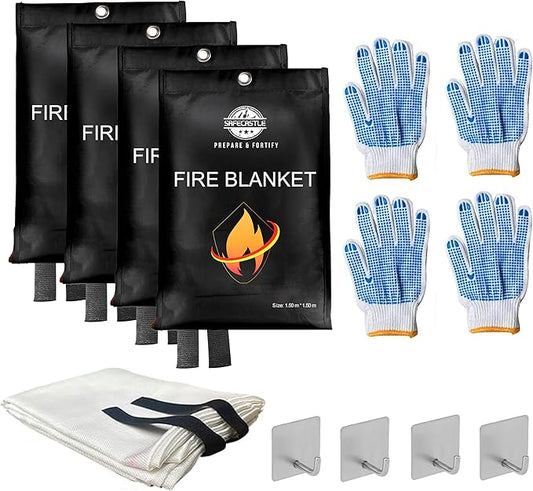 SAFECASTLE Emergency Fire Blanket 59"x59" Large Size, 4 Pack + 4 Hooks & 4 Gloves Fire Retardant Blanket with Fireproof Tabs for Home, Outdoor, Office, Car and Camping Fire Protection Survival Safety