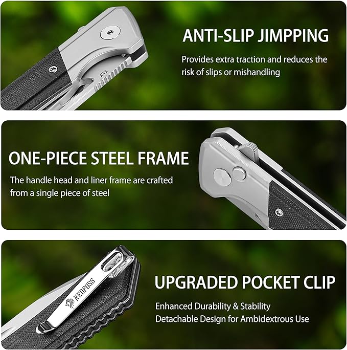 NedFoss ELF II Pocket Knife, 3.3" 14C28N Blade Button Lock EDC Knife with G10 Handle, Flipper Open, Reversible Deep Carry Pocket Clip, Lightweight Slim Utility Folding Knives for Men Women