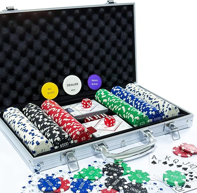 Poker Set with Denominations, 300-pcs 11.5g Weighted Numbered Chips, 5 Dice, 2 Decks with Compact Aluminum Case for Texas Hold'em, Blackjack, Age 8 and Plus
