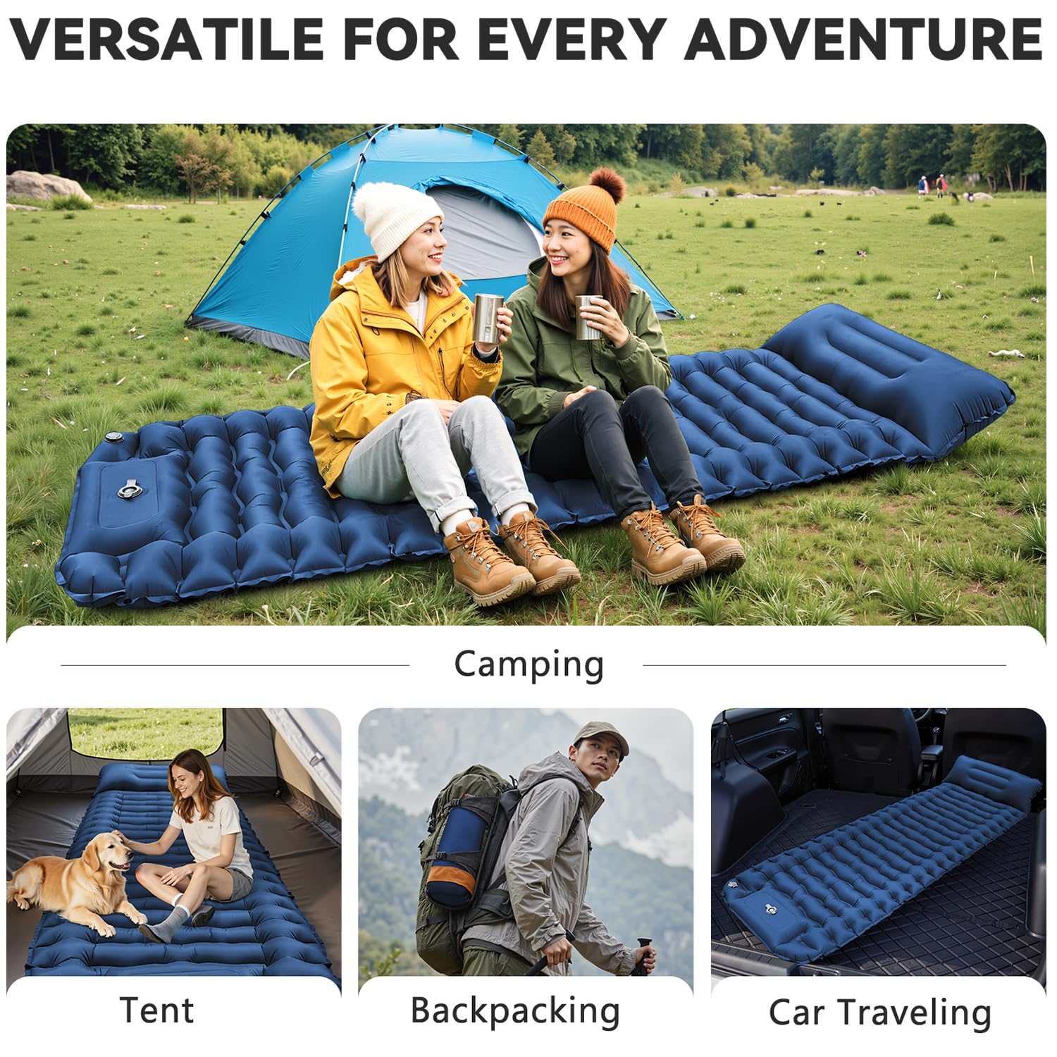 RusChic Sleeping Pad for Camping, Built-in Foot Pump with Pillow
