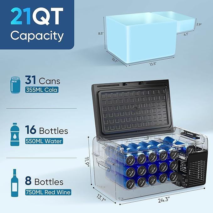12 Volt Refrigerator - 21QT(20L) Electric Cooler 50Hours Still Keep Cool, Portable Refrigerator APP Control -4℉~68℉, Car Refrigerator 12/24V DC 100-240V AC for Travel Camping Truck RV Boat