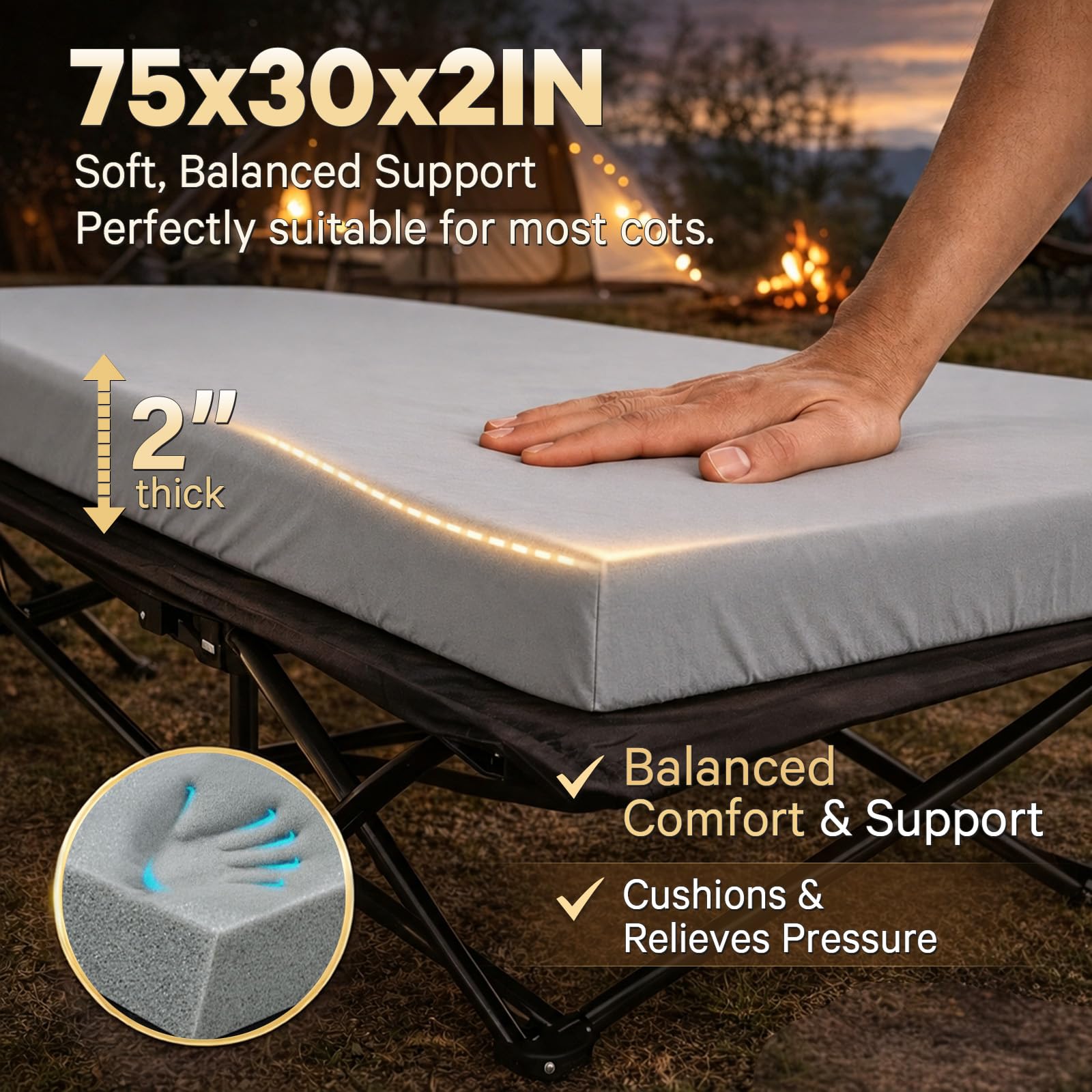 CYMULA Camping Cot Pad 2 Inch Memory Foam, Camping Pad for Folding Cot and Foldable Cot, Portable