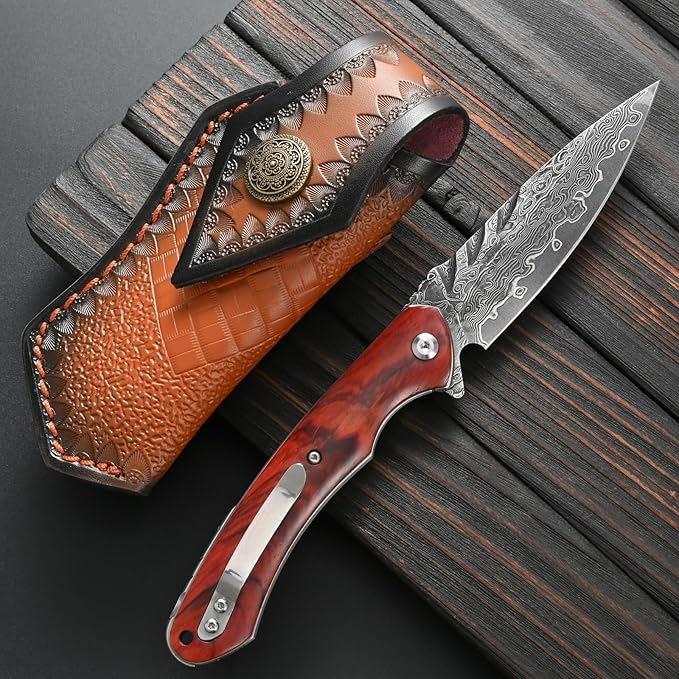 Sitivien ST242 Damascus Steel Folding Knife,Flipper Liner Lock Knife with Damascus VG10 Core Blade,Dalbergia Handle for Everyday Carry, Hunting and Outdoor …