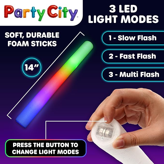 Party City 12pk LED Foam Glow Sticks 14?? Glow in the Dark Party Supplies Favors, Colorful Flashing Wand with 3 Modes, Foam Light Up Sticks Bulk Party Pack for Wedding, Birthday, Concert, Halloween