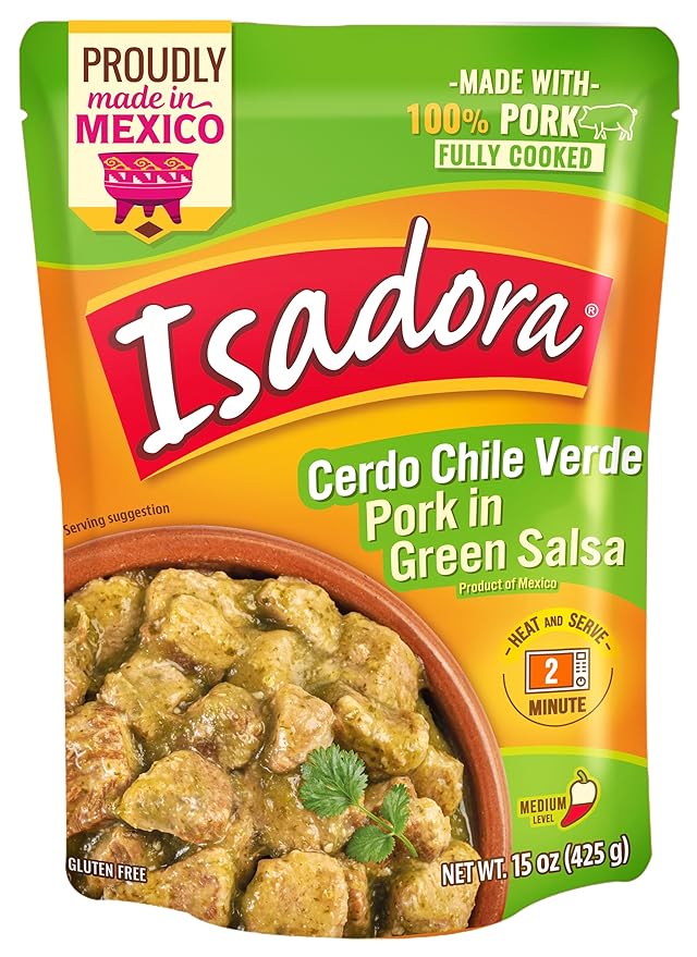 Isadora Fully Cooked Pork Chile Verde 15 oz, Ready-to-eat, Pork in Green Salsa, Medium Heat, Shelf Stable, No Refrigeration Needed, Instant Meal