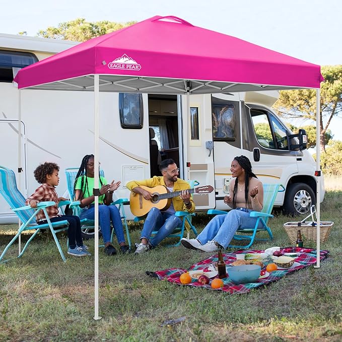 EAGLE PEAK Pop Up Canopy Tent with Wheeled Carry Bag, 8 Stakes, 4 Ropes, Easy Set Up Tent Canopy, 8x8 ft, Pink