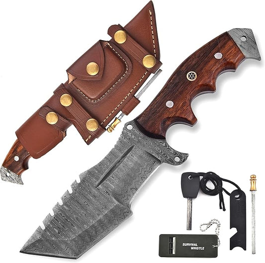 KIMPE 10.5?™â€?Damascus Hunting Knife with Leather Sheath-Fixed Blade EDC Knife-Bushcraft Knives-Wood Handle-Best Camping & Survival tool-Knives for Men. (Rose Wood)
