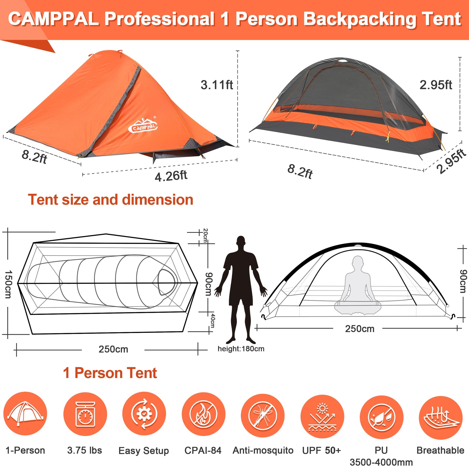 camppal 1 Person Tent for Camping Hiking Mountain Hunting Backpacking Tents 4 Season Resistance to