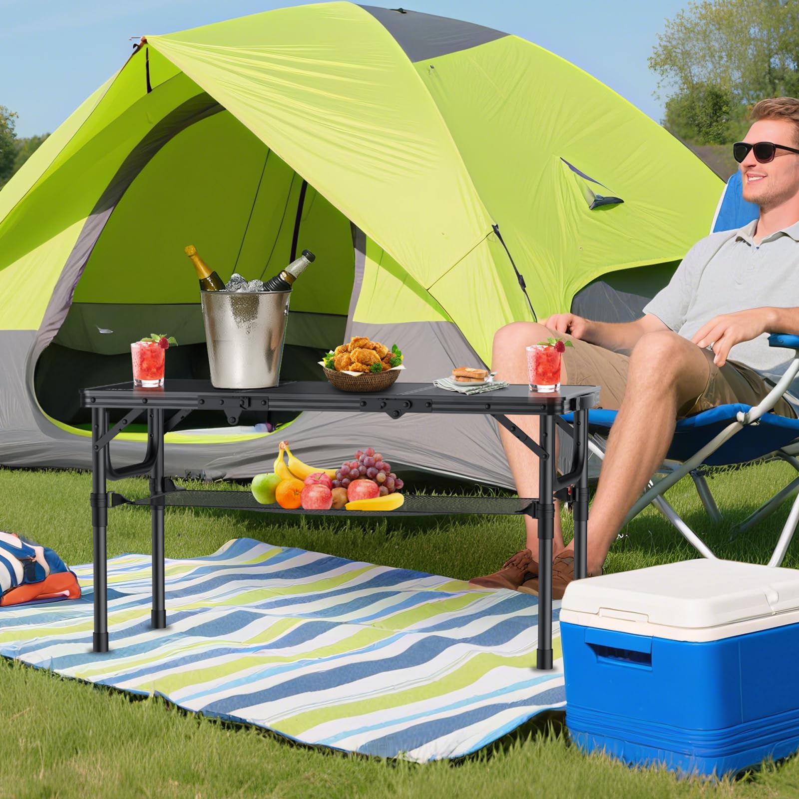 Anbte Folding Camping Table with Storage Net, 3ft Portable Table, 35" x 16"