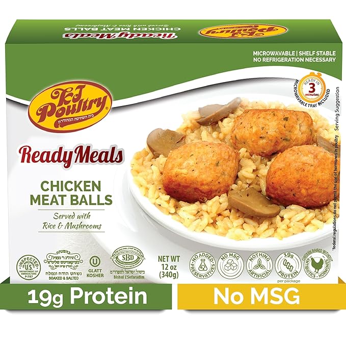 KJ Poultry Kosher Ready Meals - Chicken Meat Balls & Mushrooms, MRE Meat Meals Ready to Eat, Halal, (1 Pack) Prepared Entree Fully Cooked, Shelf Stable Microwave Dinner, Travel, Military, Camping