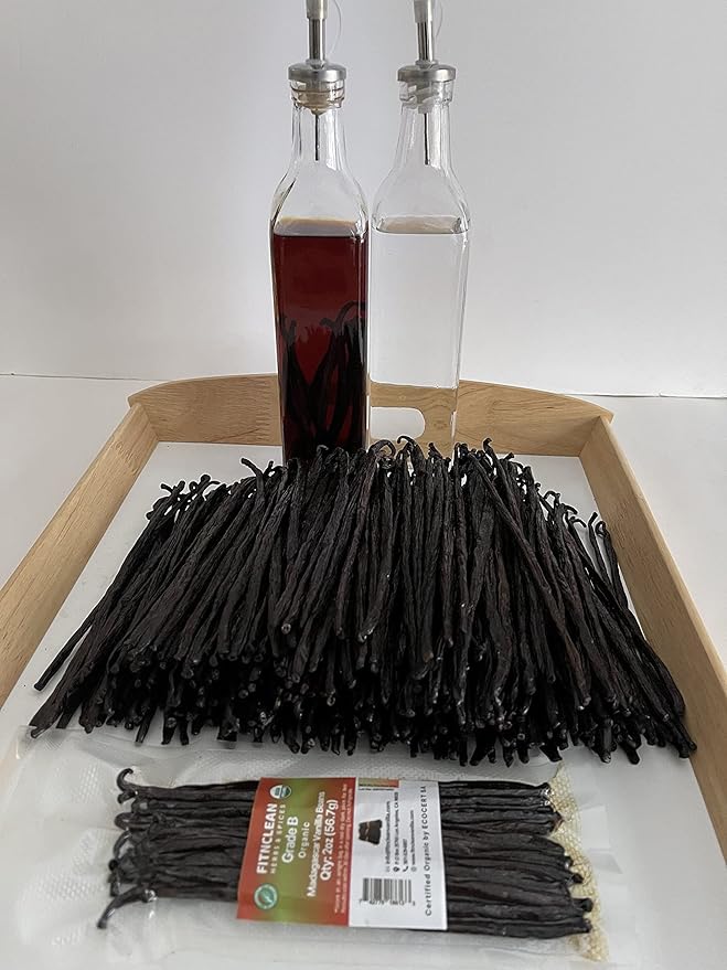 2oz Grade B Organic Madagascar Vanilla Beans for extract. Certified USDA Organic. 5"-7" by FITNCLEAN VANILLA Whole NON-GMO Pods for Paste and Baking.
