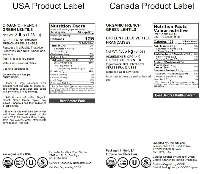 Food to Live Organic French Green Lentils, 3 Pounds ??Non-GMO, Whole Dry Beans, Raw, Sproutable, Vegan, Kosher, Bulk. Rich in Folate, Fiber, and Plant-Based Protein. Great for Soups, Chili and Curries