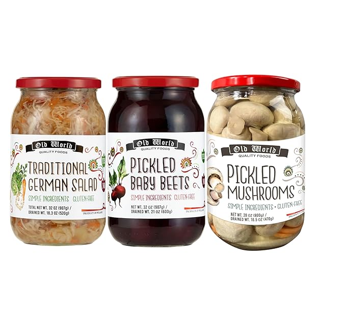 Old World Quality Foods Pickled Veggie Variety Pack ??3 Jars (1 Beets, 1 Mushrooms, 1 German Salad) ??All Natural & Gluten-Free (Mixed 3-Pack (1 of Each Flavor))