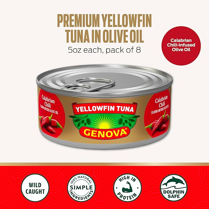 Genova Premium Yellowfin Tune in Calabrian Chili Infused Olive Oil, 5 Ounce Cans, 12-Pack ??Nutrient Rich, High Protein Canned Tuna Fish - Delicious, Easy, Nutritious Ready to Eat Meals