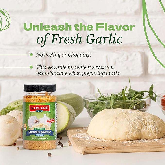 Garland Food Minced Garlic in Water 8 oz ??Made in the USA - Minced Garlic in Jar for Fresh Flavor, Time-Saving Prep, and Versatile Uses in Every Dish
