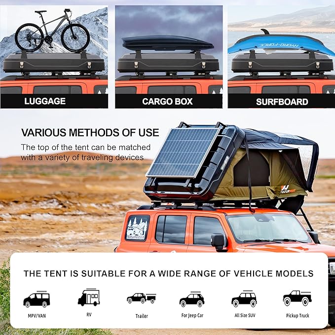 Naturnest Sirius1plus Hardshell Rooftop Tent with 2 Luggage Racks and Skyview Window, Aluminium Roof Top Tent with 3-Color LED Lights and Internal USB Plug for Jeeps, SUVs and Trucks, 2-3 Person