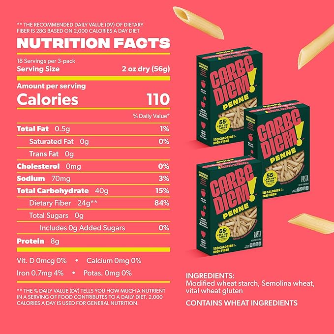 Carbe Diem!, Penne, Lower Net Carb Pasta with Traditional Flavor & Texture, 8 grams of Protein, 55% Fewer Net Carbs & Only 110 Calories Per Serving, Pack of 3
