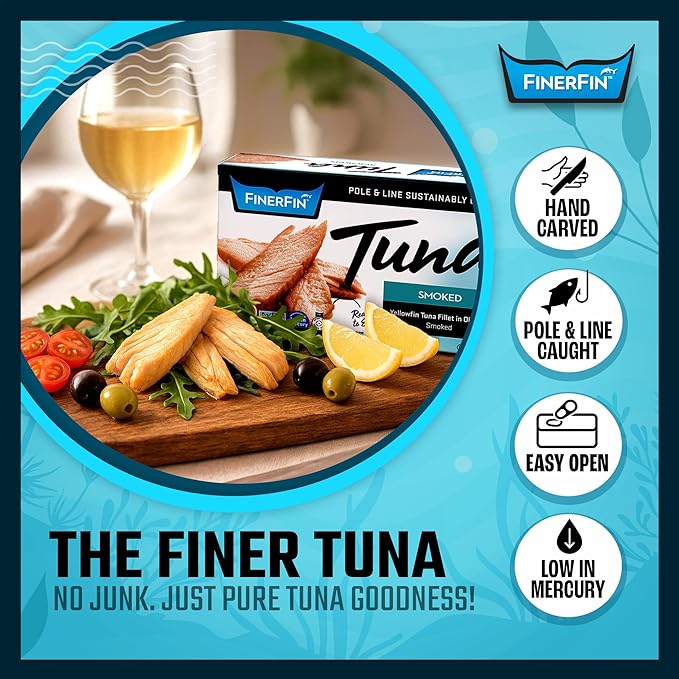 FinerFin Premium Smoked Yellowfin Tuna Fillets in Organic Extra Virgin Olive Oil, 4.4 oz (12 Pack) | Hand Cut | Gourmet Ready-to-Eat Fillets | Gluten Free | Kosher