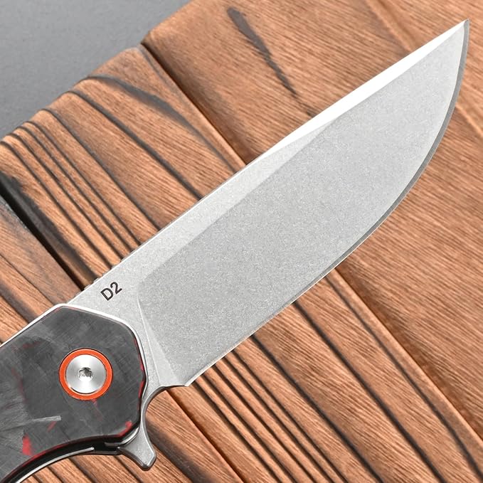 FF19 Folding Pocket Knife，D2 Steel Blade Carbon Fiber Handle EDC Tool Knife for Outdoor Camping Hunting Fishing Working(Red)