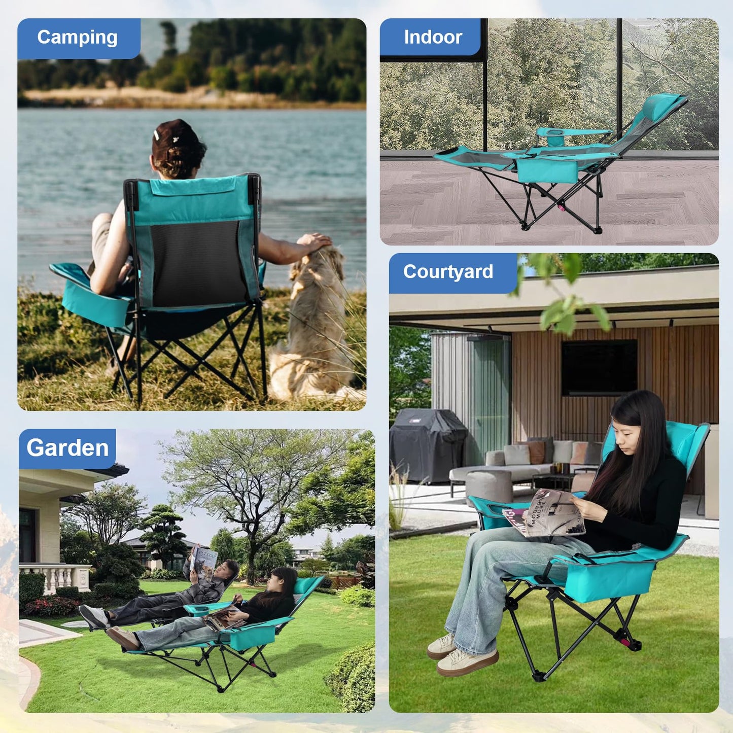 POEPORE Reclining Camping Chair 4 Position with Foot Rest Comfortable for Adults 265Ibs Folding