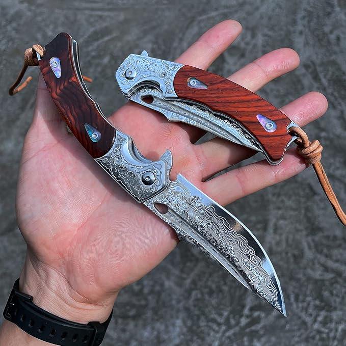 Handmade knife Japanese VG10 Damascus Steel Folding Knife,Rosewood Liner Lock Handle,EDC Pocket Knives for Men Outdoors Camping Fishing