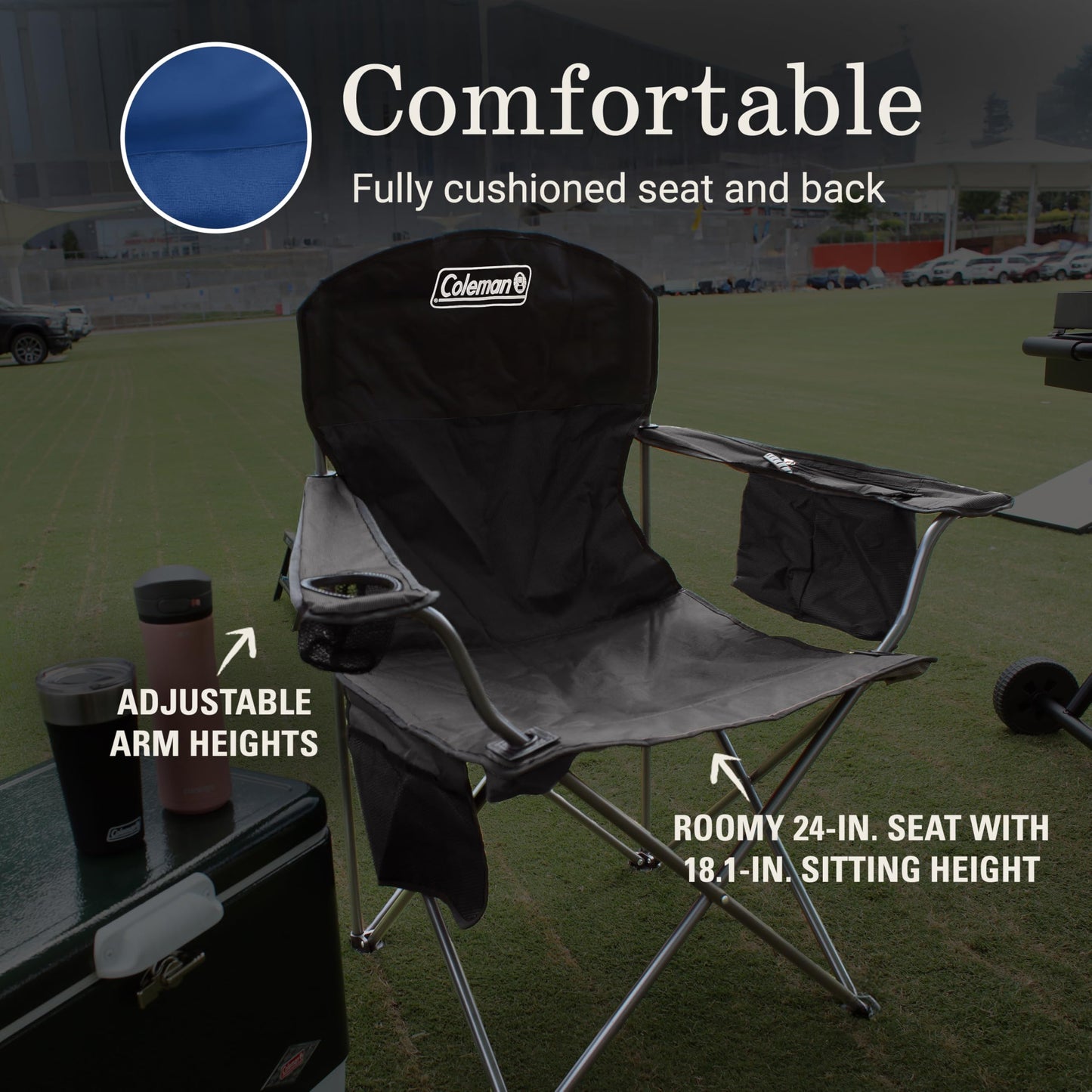 Coleman Portable Camping Chair with 4-Can Cooler, Cushioned Seat & Back with Side Pockets & Cup