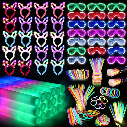 260 PCS Glow in the Dark Party Supplies, New Year Party Favors - 20 Foam Glow Sticks, LED Glasses, Bunny Ear Headbands and 200 Glow Sticks for Kids or Adults