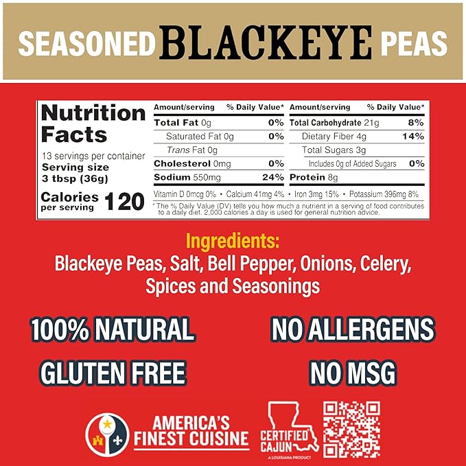 Ragin' Cajun Seasoned Blackeye Beans - 16 oz Pack, Fat-Free, Gluten-Free, Reduced Sodium - Authentic Louisiana Creole Dish with Seasoning