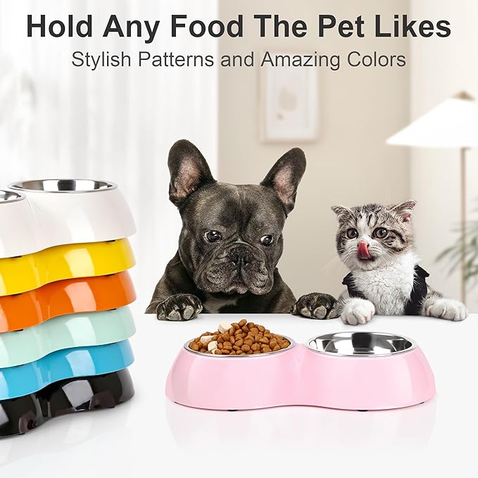 Stainless Steel Dog Bowls Set ??Dual Non-Slip Pet Dishes with 2 Small (4oz*2) Bowls & Durable Resin Stand,Food & Water Feeder for Puppies and Kittens??Pink