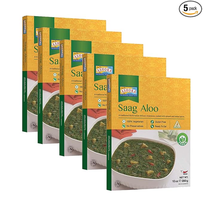 Ashoka Meals 1932, Vegan Spinach & Potato, All-Natural, Heat & Serve Microwaveable Indian Food, Saag Aloo, Kosher Certified, Great for Outdoors, Gluten-Free & with No Preservatives, Pack of 5