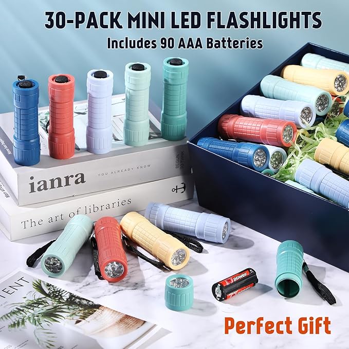 30 Pack 9 LED Small Mini Flashlight Set Plastic Handheld Flashlights with Lanyard, 3 AAA Batteries Included for Kids Night Reading Camping Emergency Hunting, 6 Color (Muted Color)