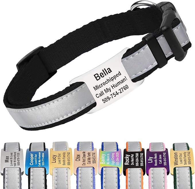 GoTags Reflective Personalized Dog Collar with Nameplate, Adjustable Dog Collar with Custom Engraved Steel Slide On Pet ID Tag, Silent, No Noise Dog Tag for Large Medium or Small (Black, Medium)