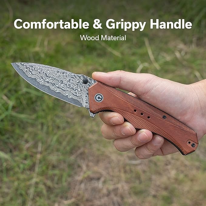 CIVIVI Photonix EDC Pocket Knife, Folding Knife with 3.7" Damascus Blade Wood Handle with Pocket Clip for Men Women, Camping Hiking Fishing Knife C23081B-DS1