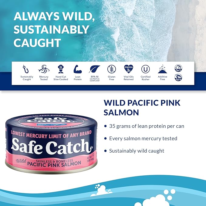 Safe Catch Wild Pink Salmon Canned Wild-Caught Skinless Boneless Salmon Fish Every Can Of Salmon Is Mercury Tested Kosher, 6-Pack Salmon Cans 5oz