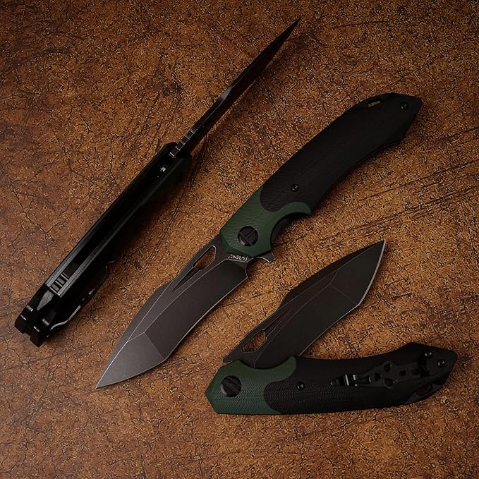 D2 Steel Folding Knife - 9CM Black Tactical Blade, G10 Handle, Pocket Clip - EDC Camping, Survival, Hunting - 60-61HRC, Vacuum Heat Treated, Stonewash Finish