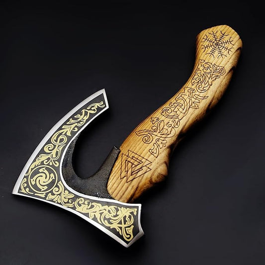 SHINY CRAFTS-Viking axe bearded axe tomahawk birthday gifts-Viking Axe with Carbon Steel Head and Ash Wood Handle is black polished, Viking Gifts for Men with Premium Quality Leather Sheath (SCA-0025)