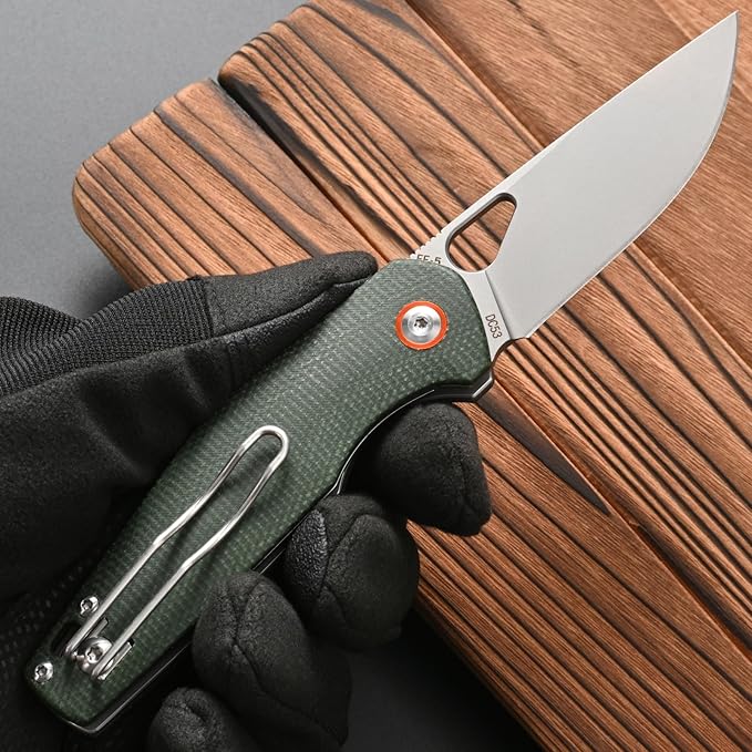 FF5 Folding Pocket Knife, DC53 Steel Blade Micarita Handle with Pocket Clip for Outdoor Camping Hunting Fishing Working (Green)