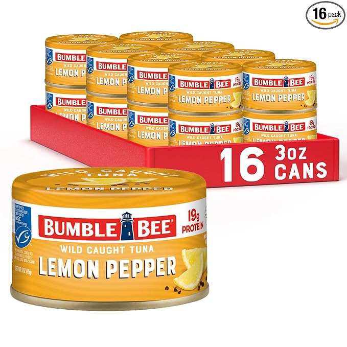 Bumble Bee Snackers - Lemon Pepper Tuna, 3 oz Easy Open Can - 19g Protein per Serving - Wild Caught Skipjack Chunk Light Tuna Pack - No Draining, Ready to Eat (Pack of 16)