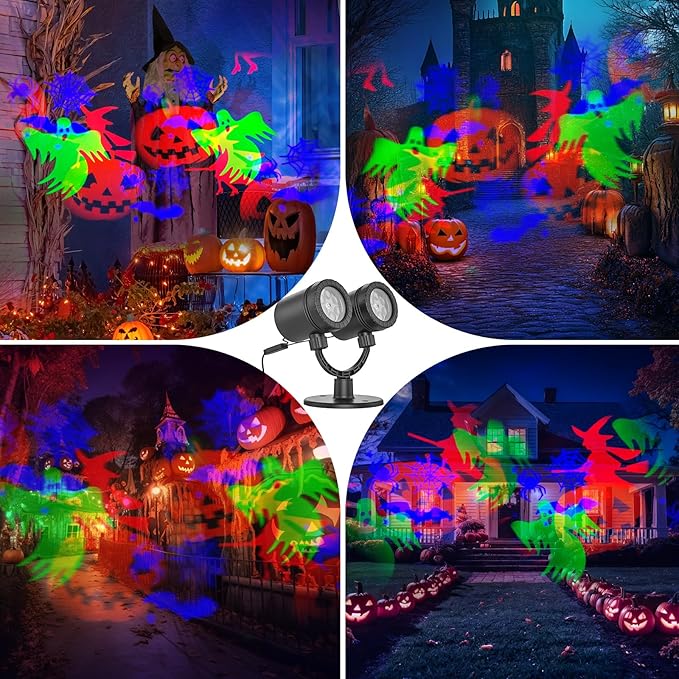 Halloween Projector Outdoor Waterproof Dynamic with Glowing Spiders Bats Waterproof Double Head Halloween Projector Lights Holiday for Decoration Yard Wall Party