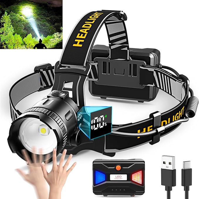 LED Headlamp High Lumens with Motion Sensor Super Bright, 3 Lighting Modes, Digital Display, Rechargeable, Waterproof Head Lamp, 90° Adjustable for Camping, Hiking, Fishing, Running Outdoor (1)