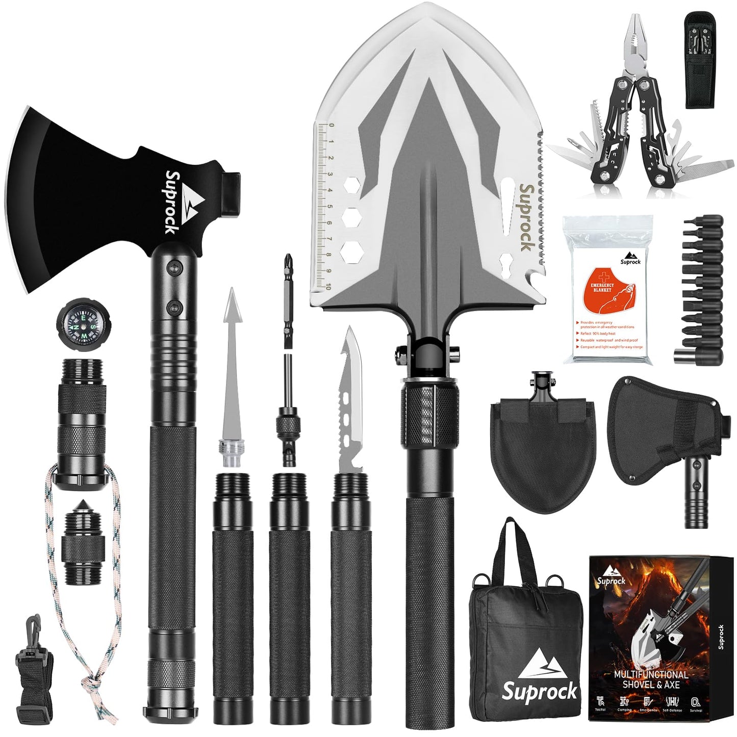 Suprock Survival Shovel High Carbon Steel Tactical Shovel Axe Folding Entrenching Tool Camping