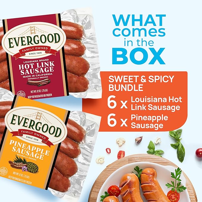 Evergood Sausage Sweet and Spicy Bundle - 12 Packs, Premium Pork Hot Links & Pineapple Sausages, Naturally Smoked, Juicy, Cajun Flavor, Grill Ready